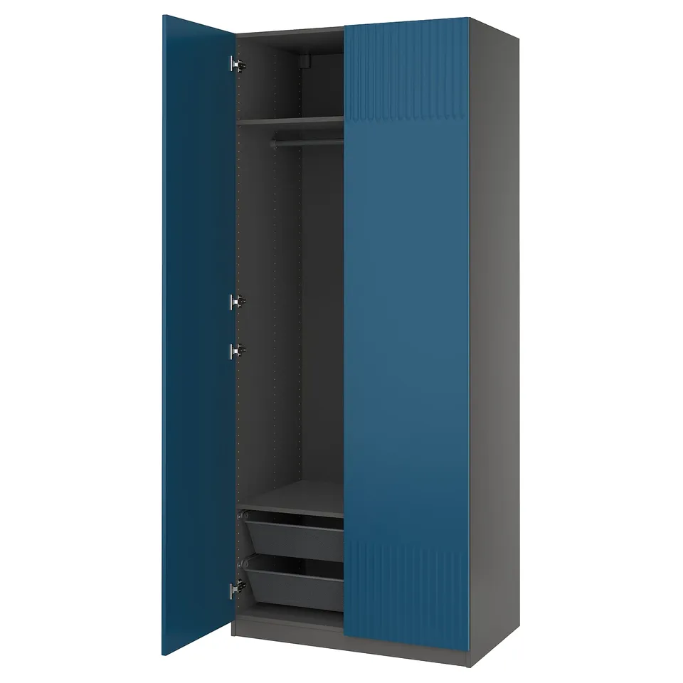 A blue ikea PAX wardrobe with mesh drawers and a clothes rail.