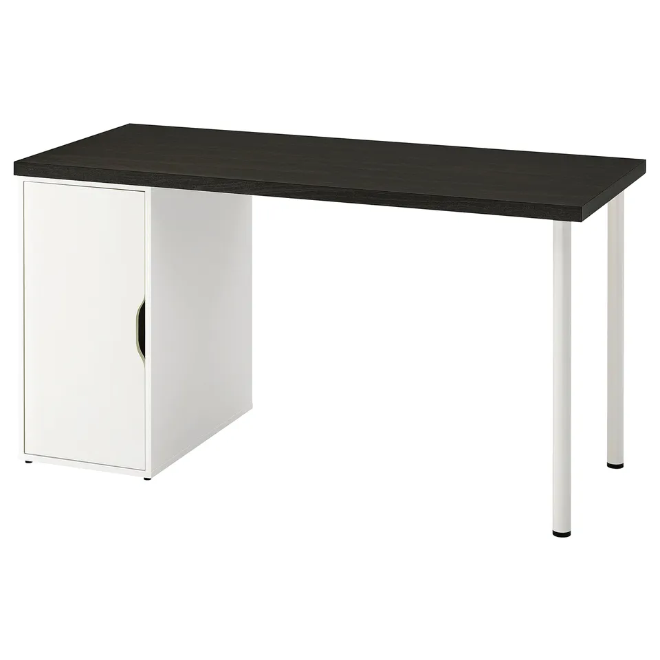Black desk with white legs, sleek design.