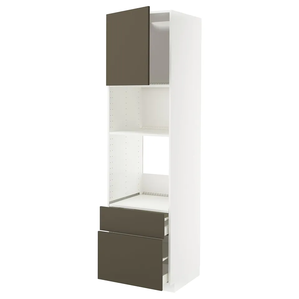Ikea METOD kitchen unit in brown/beige, tall with open shelves, two dark drawers, and a cabinet.
