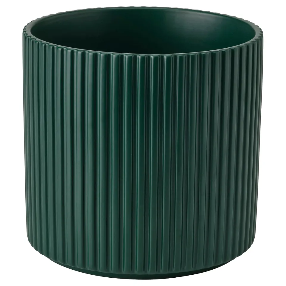 Dark green, cylindrical DAKSJUS planter with vertical grooves on earthenware.