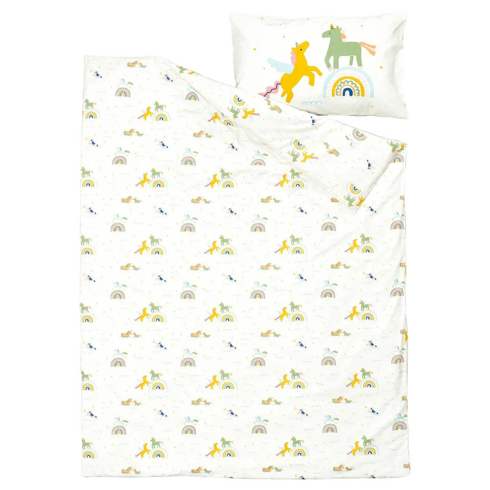 BARNDRÖM bedding: white with yellow/green horses, rainbows, cotton.
