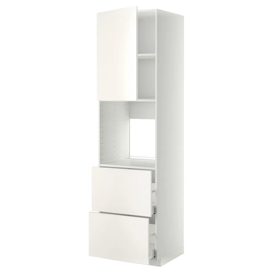 A white METOD kitchen cabinet with a sleek design, smooth drawers, and an adjustable shelf.