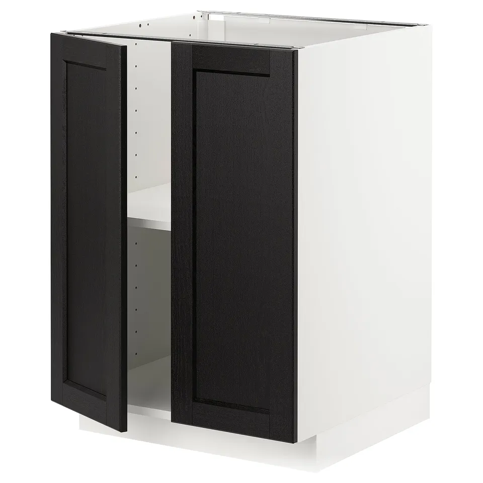 A black and white cabinet from the METOD kitchen system, featuring stained wooden doors and a rectangular shape.