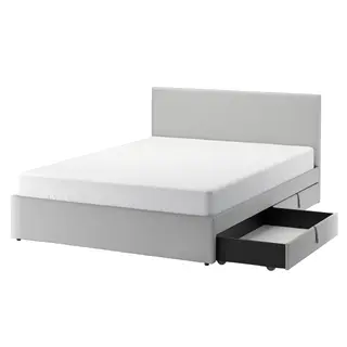 GLADSTAD upholstered bed, 4 storage boxes, Kabusa light grey, 150x200 cm
