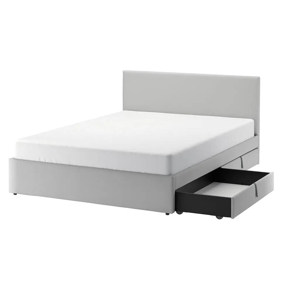 Modern grey upholstered bed with storage. Padded headboard, four under-bed drawers.