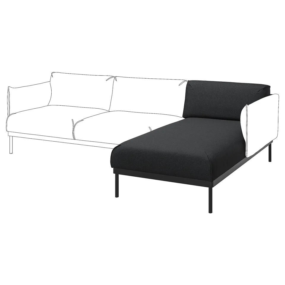 The ÄPPLARYD's modern sofa dark grey fabric over black steel legs, with a chaise design for comfort and style.