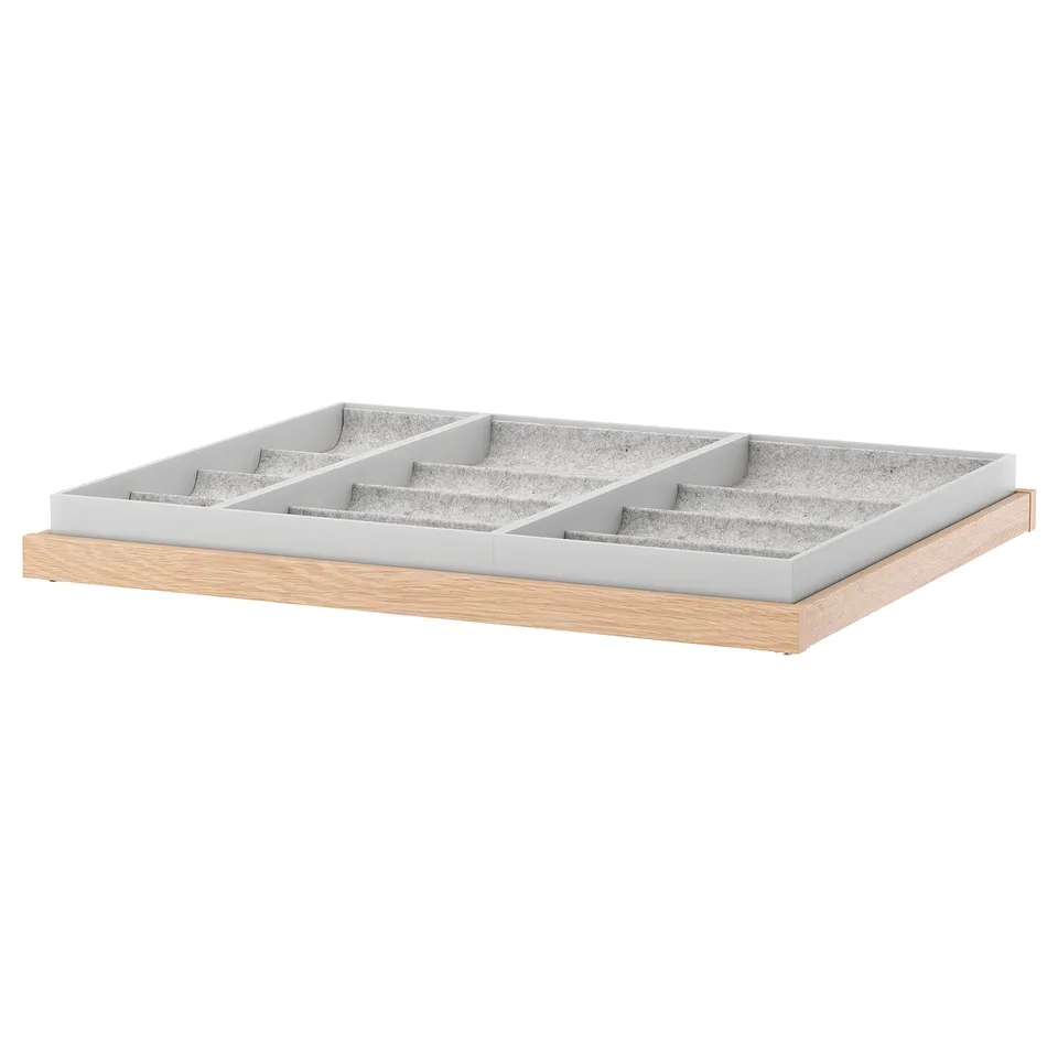 KOMPLEMENT grey organiser tray, wooden base, grey felt lining, divided compartments for accessories, soft close function.