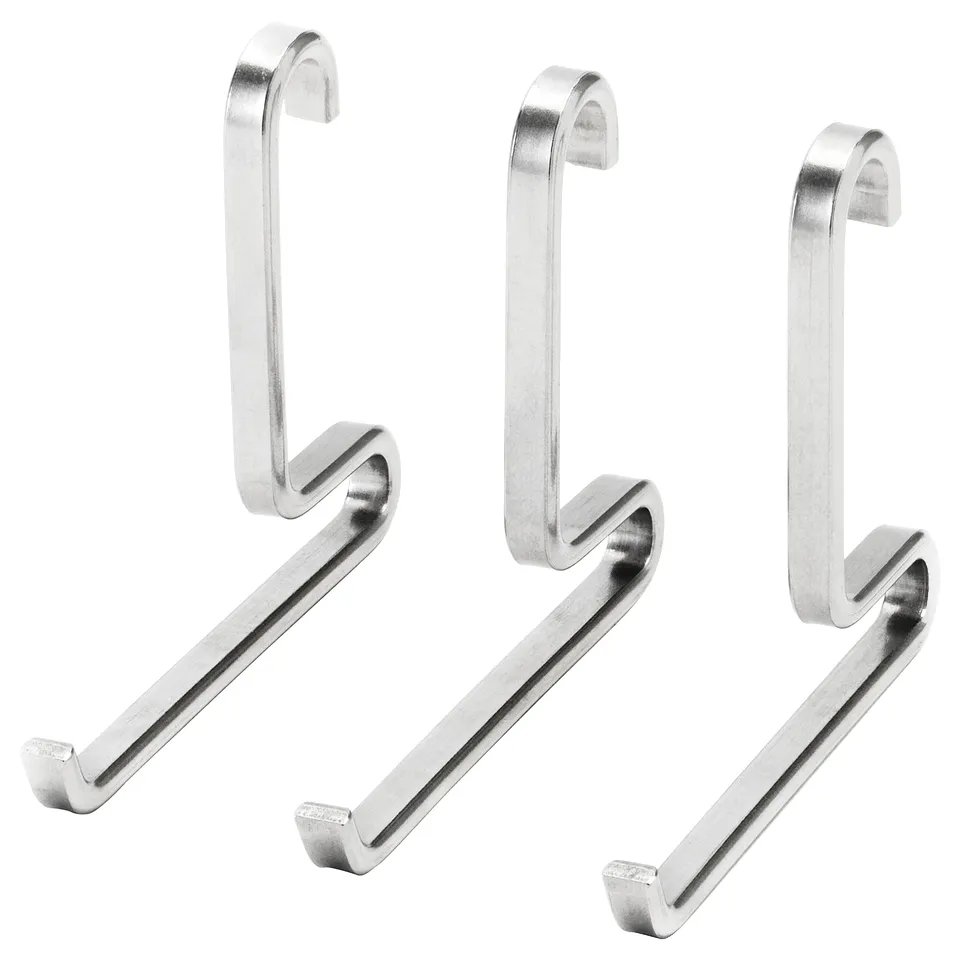 Four silver stainless-steel s-hooks; minimalist design, ideal for hanging kitchen utensils.