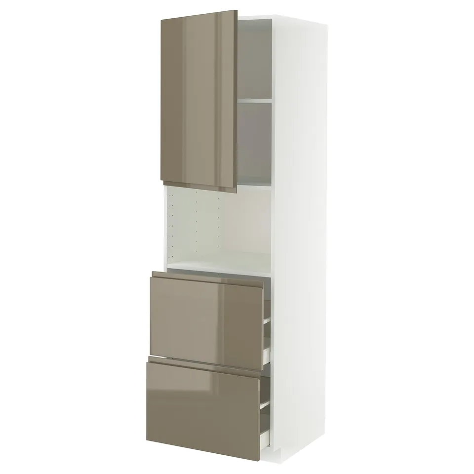A tall, white METOD kitchen unit with high gloss dark grey-brown voxtorp drawers and doors. It has one open cabinet and two full-extension drawers.