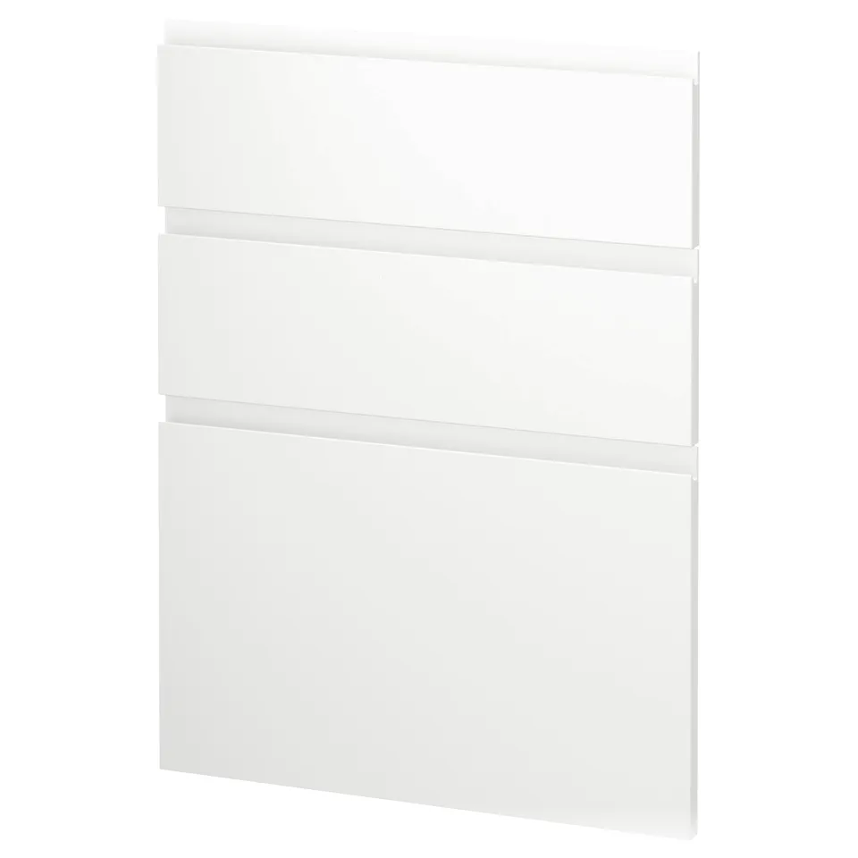 A white METOD kitchen drawer front with minimalist design and integrated handles.