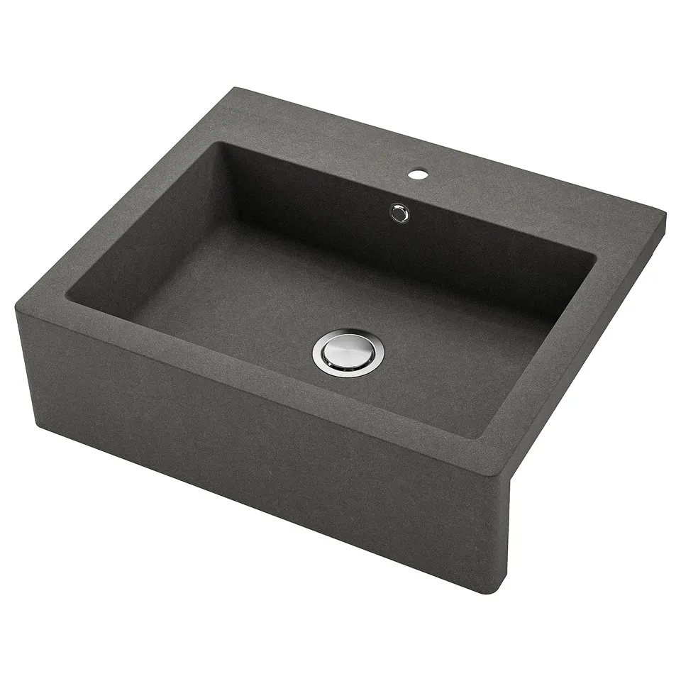 TALLSJÖN dark grey quartz sink, deep single bowl, apron front, stainless drain, modern farmhouse style.