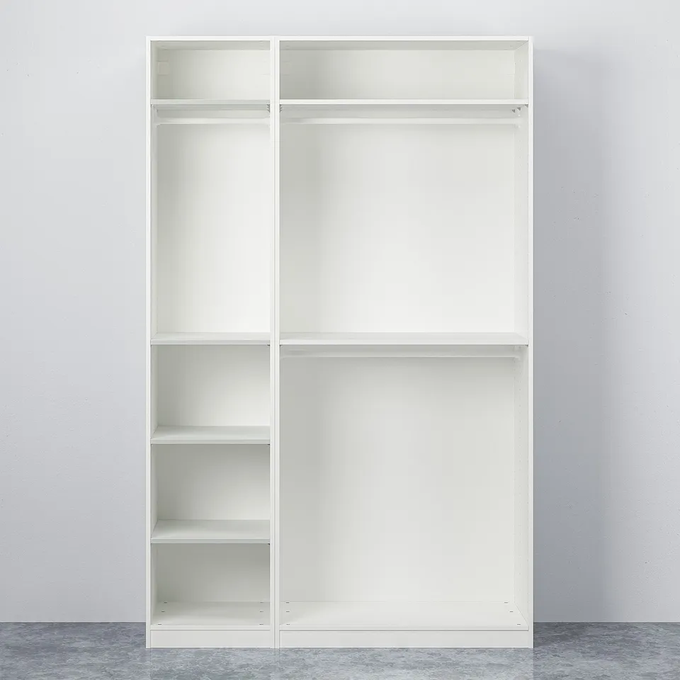 Empty white PAX wardrobe with four adjustable shelves, designed to lean against wall.