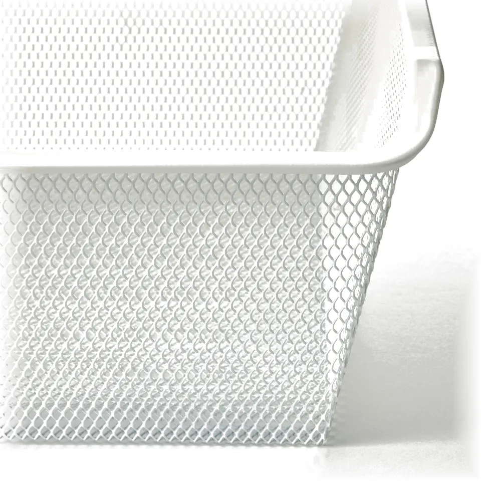 White mesh storage basket with diamond pattern for organising clothes, durable and breathable
