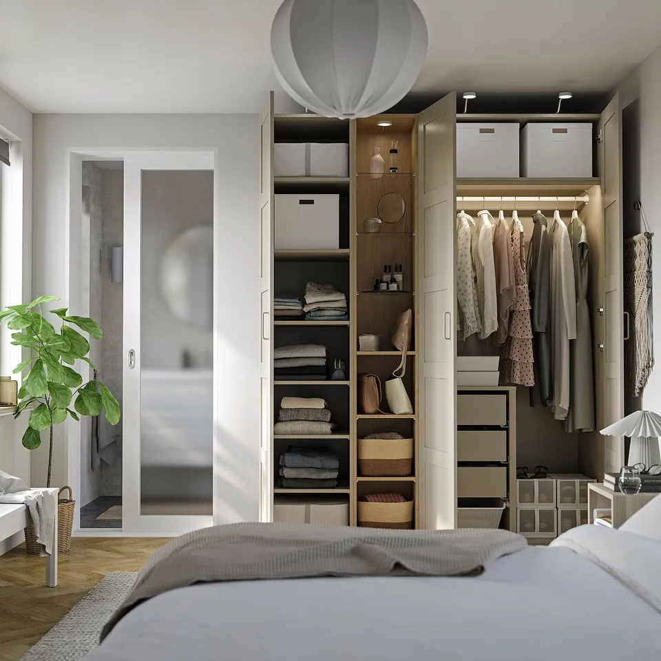 PAX / BERGSBO Wardrobe combination, grey-beige grey-beige/oak effect, 185x60x236 cm