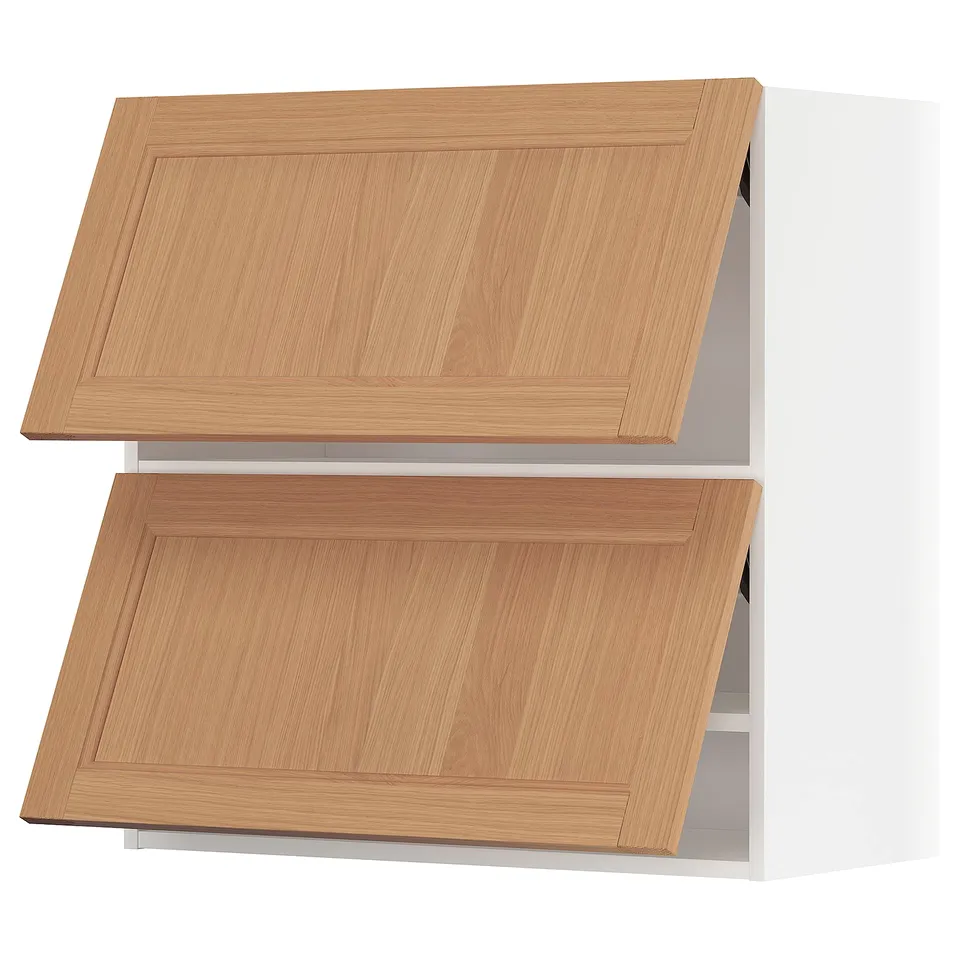 Ikea METOD kitchen cabinets, oak, rectangular, two doors open.