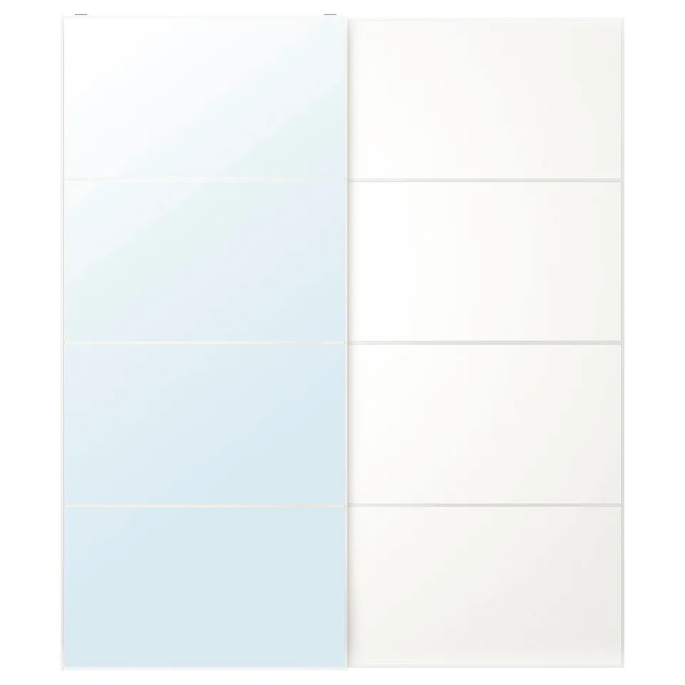 Sliding closet doors, one mirrored, one with two-toned panels. Modern design, durable aluminium frame.