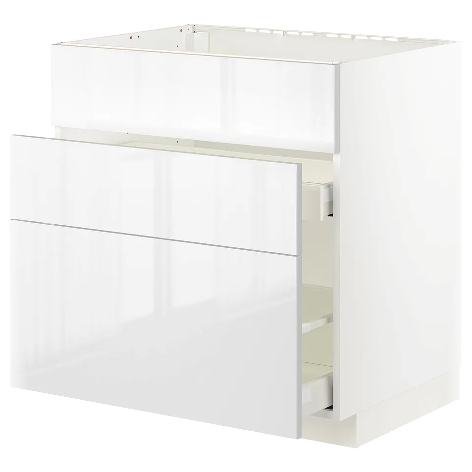 A white high-gloss kitchen cabinet with a smooth drawer.