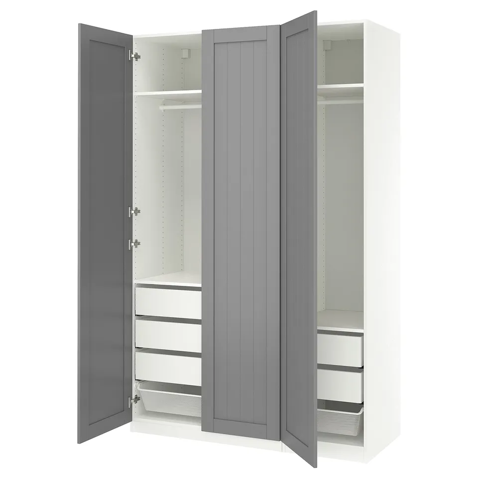 PAX closet, grey, with drawers and shelves.