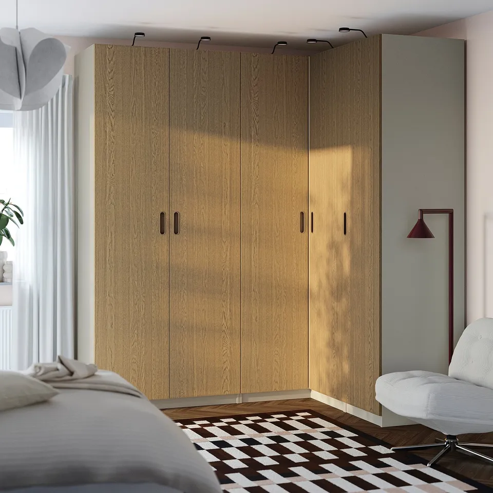 PAX / TONSTAD Corner wardrobe, grey-beige/grey-beige oak veneer, 231/161x236 cm