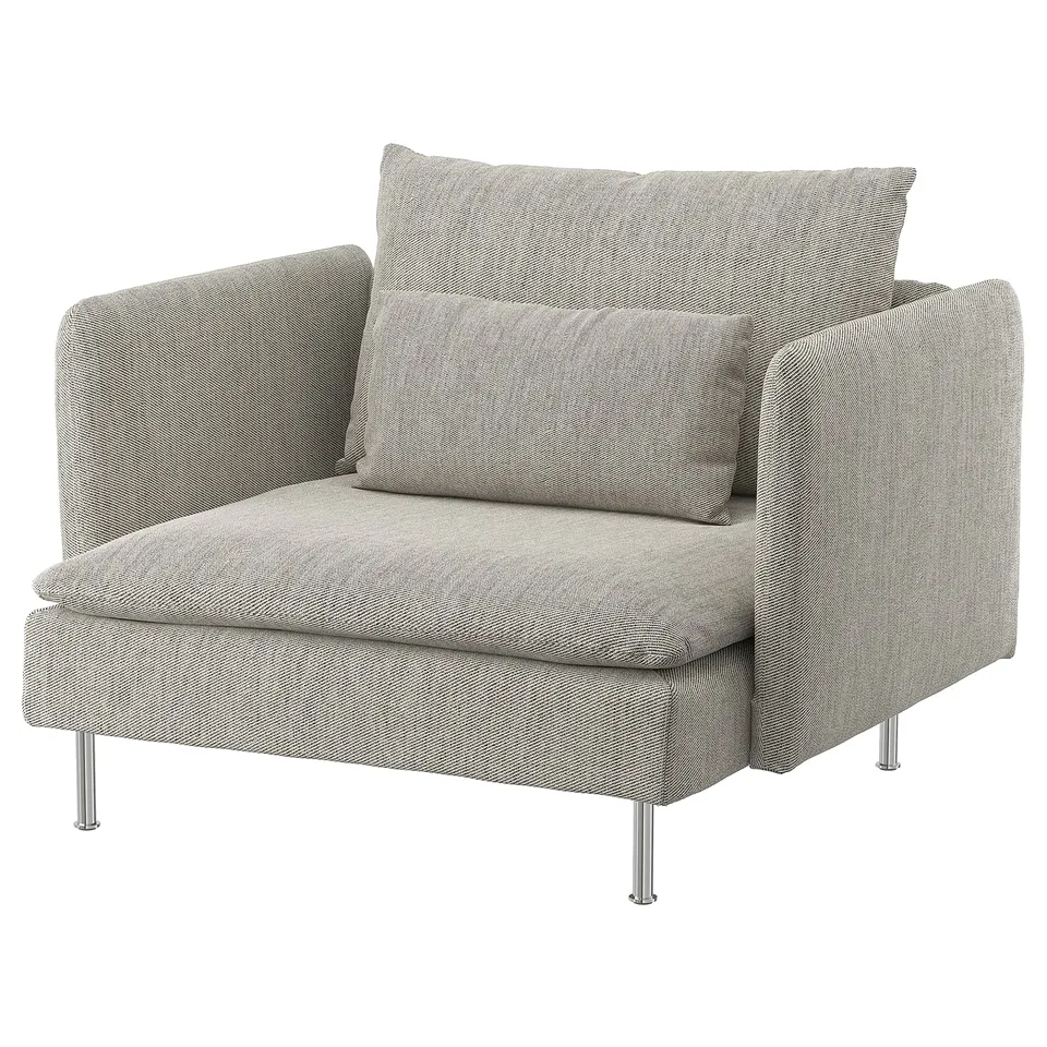SÖDERHAMN armchair, grey tweed fabric, modern minimalist design, plush cushions, metal legs.