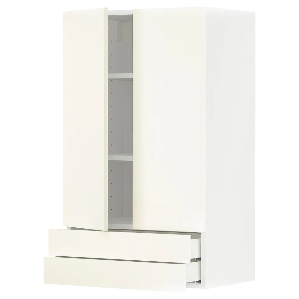 A white METOD kitchen cabinet with a modern design, featuring multiple compartments and adjustable shelves.