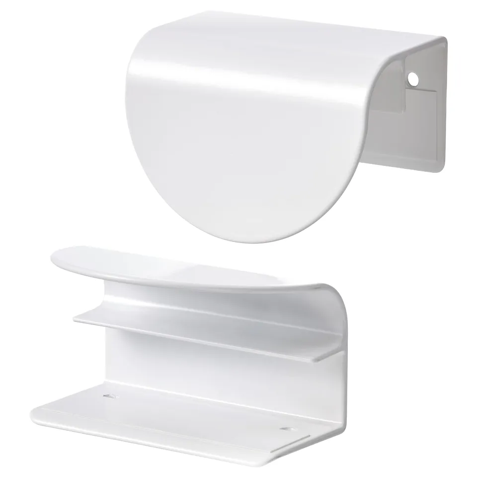 Modern white wall-mounted storage unit with a curved cover and three-tiered shelf for organisational needs.