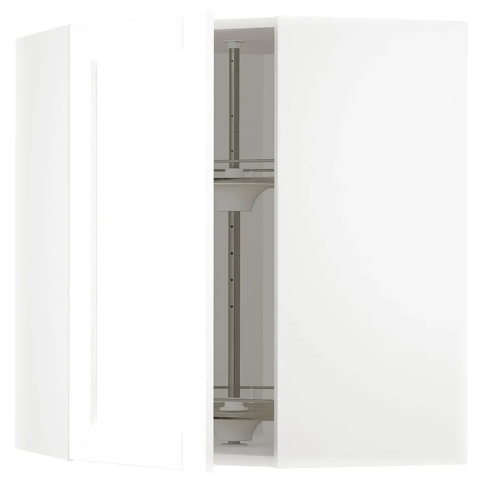 Displays a white METOD kitchen cabinet with a curved design, featuring an adjustable glass shelf and a sleek, modern appearance.
