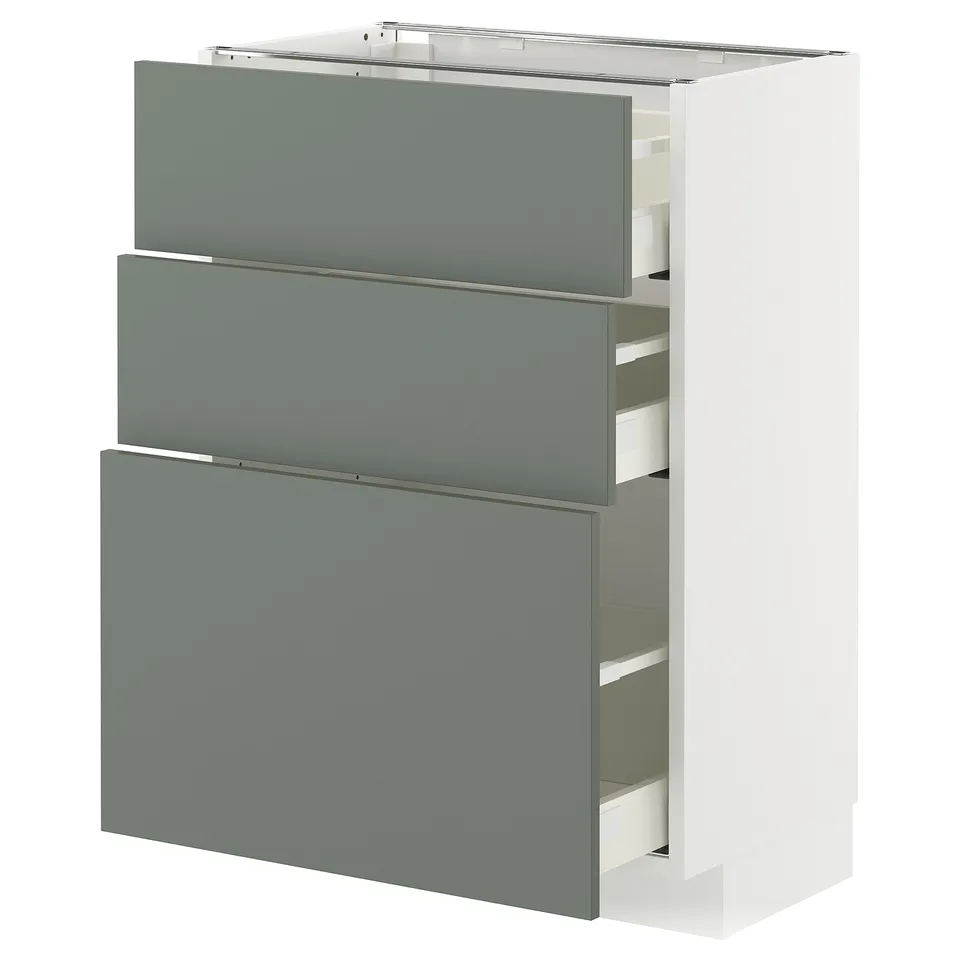 White METOD cabinet with 3 green-gray drawers open.