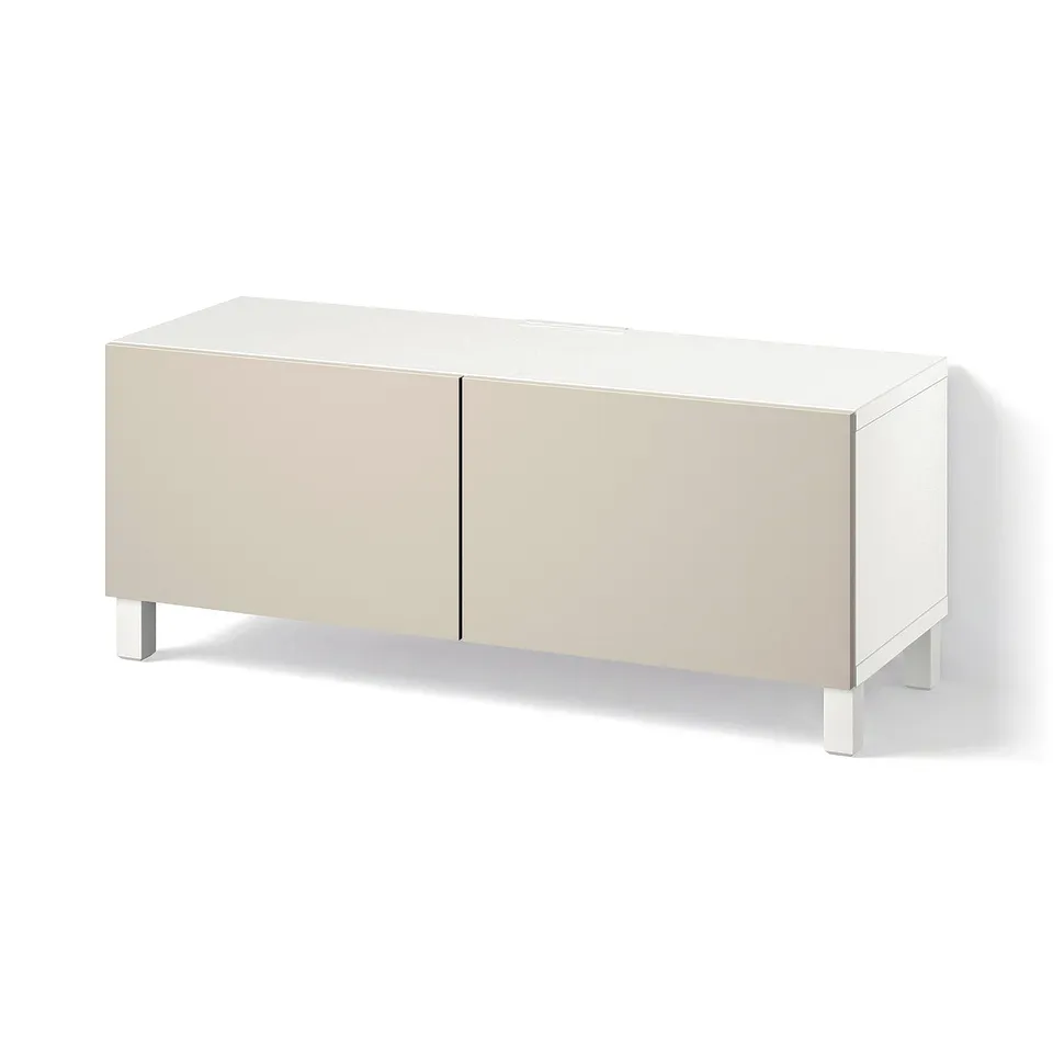 BESTÅ TV bench with doors, white Lappviken/Stubbarp/light grey/beige, 120x42x48 cm