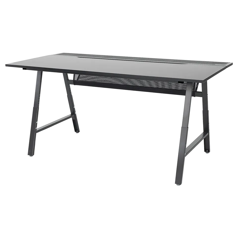 UTESPELARE gaming desk: black, metal mesh back, adjustable legs, large rectangular top.