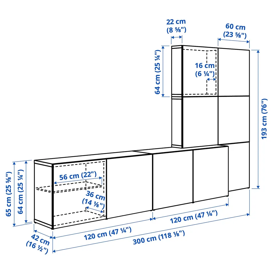 BESTÅ Storage combination with doors, white Lappviken/Hedeviken oak, 300x42x193 cm