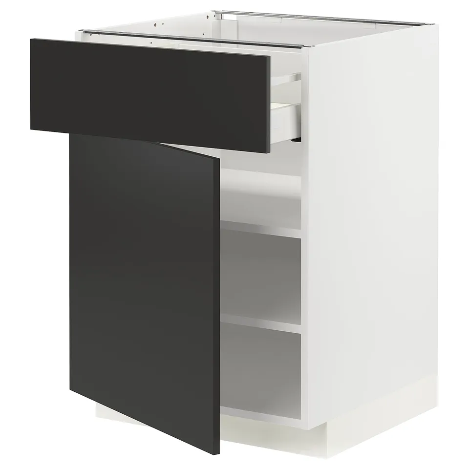 METOD kitchen unit, white cabinet with black drawers, modern design, adjustable shelves, sleek finish.