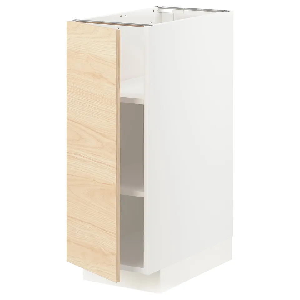 A white METOD kitchen cabinet with a light ash wooden door. It is rectangular with a simple, modern design and a wooden door with a natural finish.