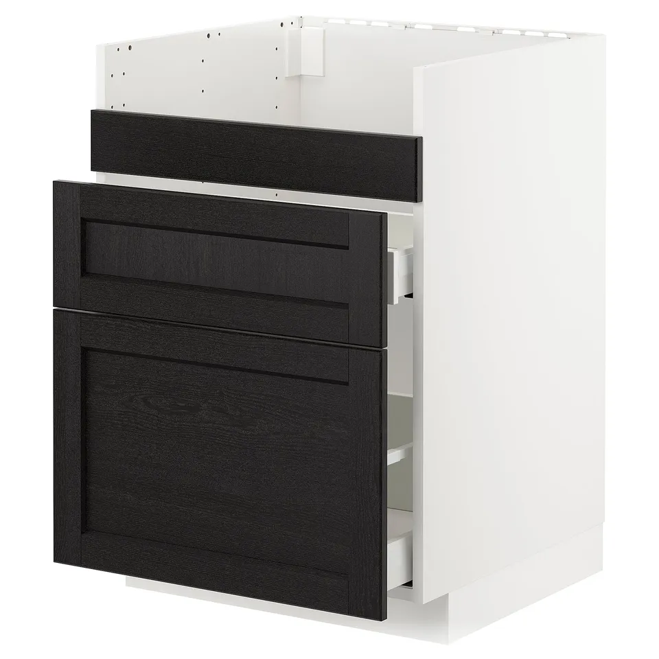 A METOD kitchen cabinet with black-stained wooden doors and white frame.