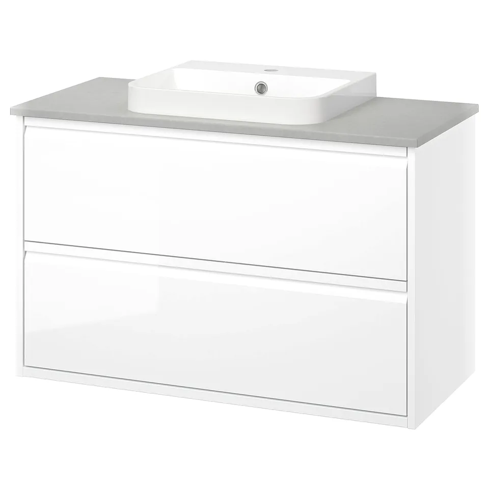 Modern white vanity with rectangular sink and 2 drawer cabinet.