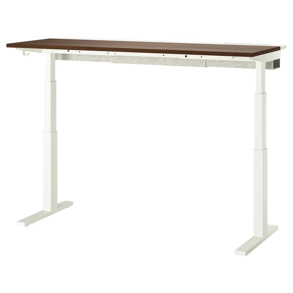 MITTZON desk, brown top, white legs, adjustable height, modern design.