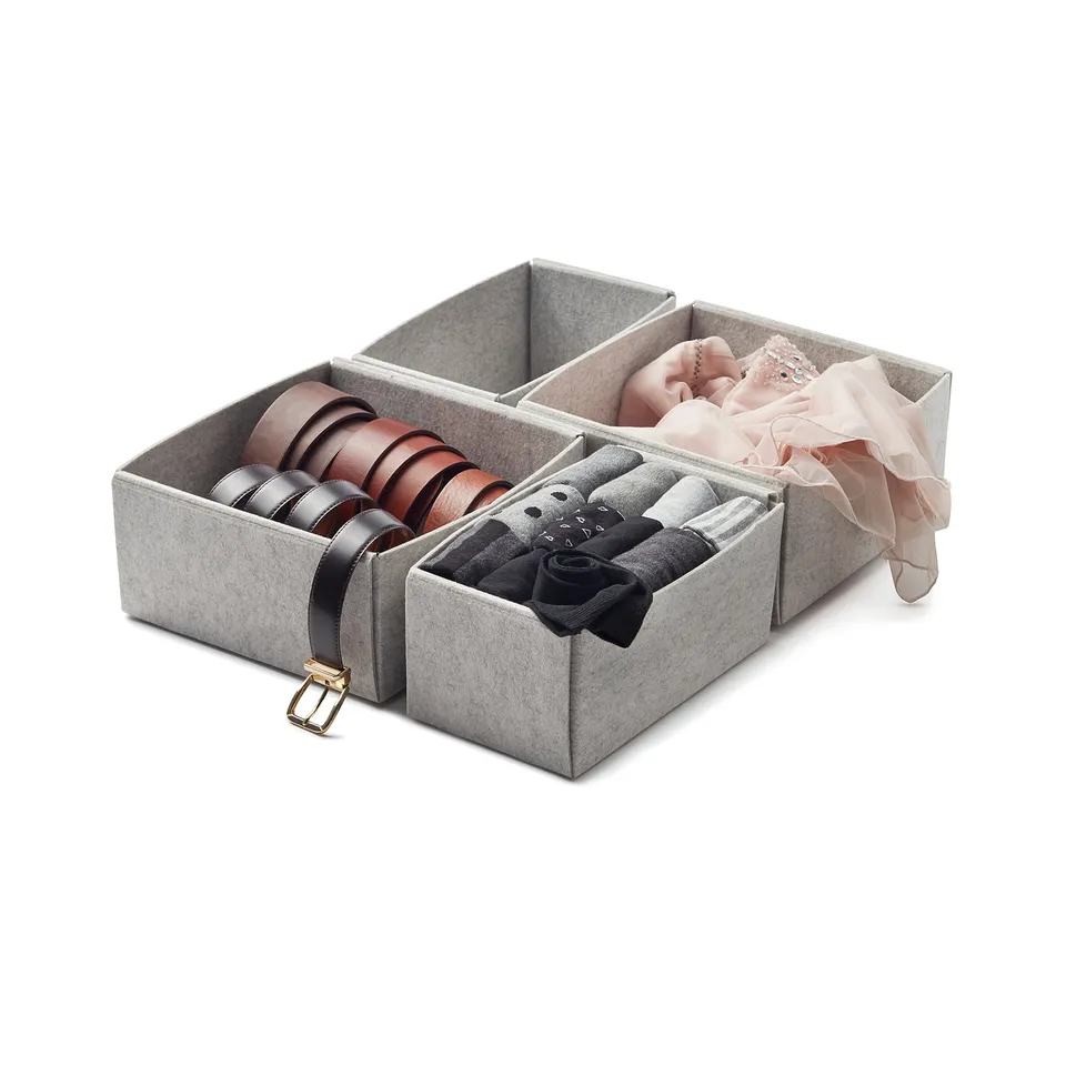 Grey KOMPLEMENT drawer organiser with belt, sock, and lingerie boxes for optimised storage.