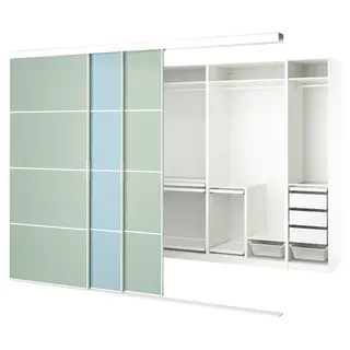 SKYTTA / PAX walk-in wardrobe with sliding doors, white double sided/Mehamn light blue/light green, 301x160x240 cm