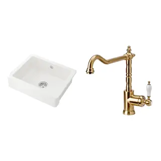 GLITTRAN/HAVSEN set: sink bowl w visible front + kitchen mixer tap, white + brass-colour, 62x48 cm