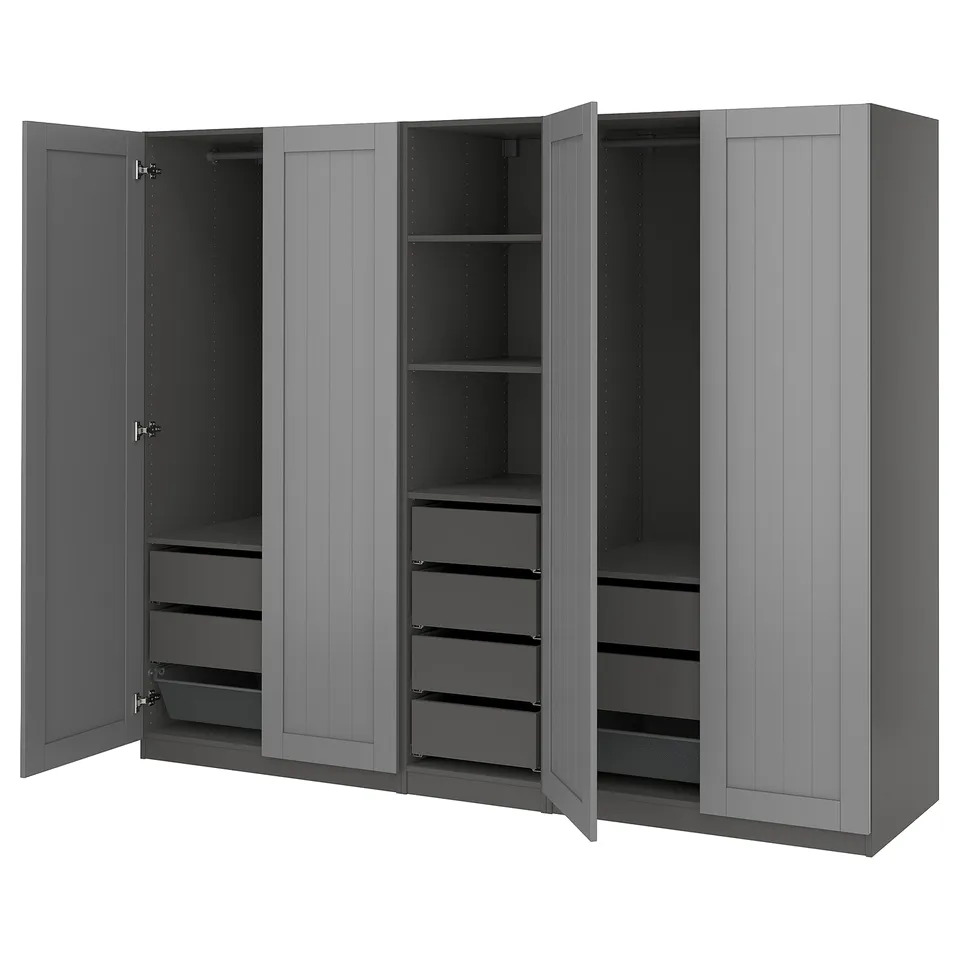 Grey PAX wardrobe with 2 doors open, shelves, drawers, and mesh baskets.