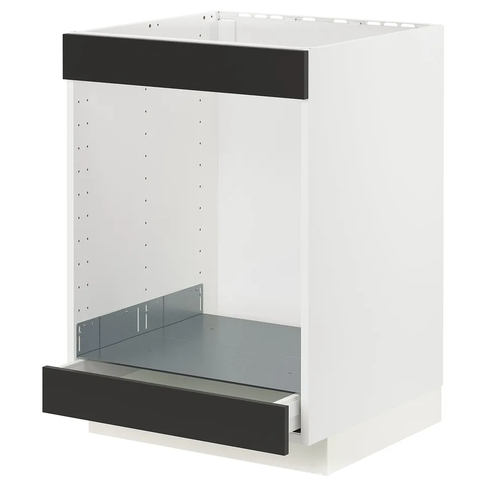 White METOD kitchen frame with black drawer fronts, square design.