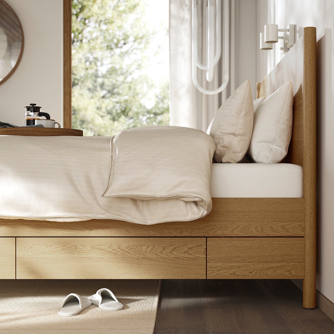 Bedroom with TONSTAD bed, soft-close drawers, and coffee tray.