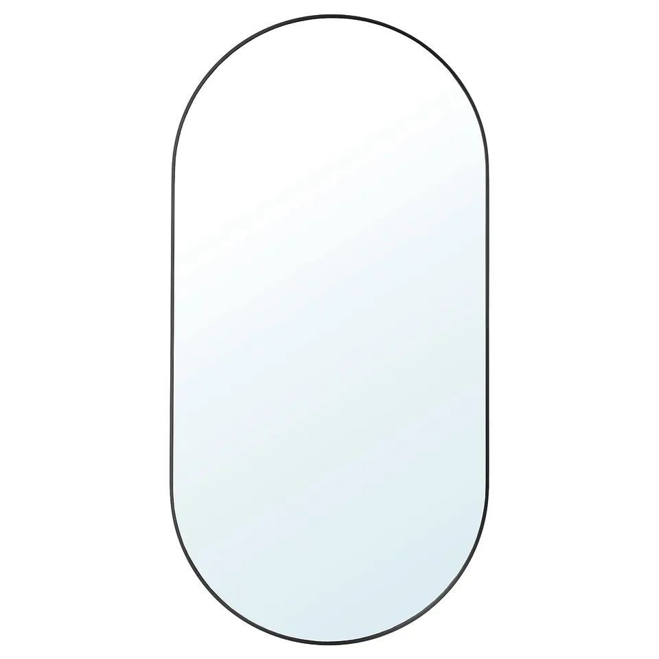 LINDBYN wall mirror, black frame, oval shape, soft edges, modern elegance.