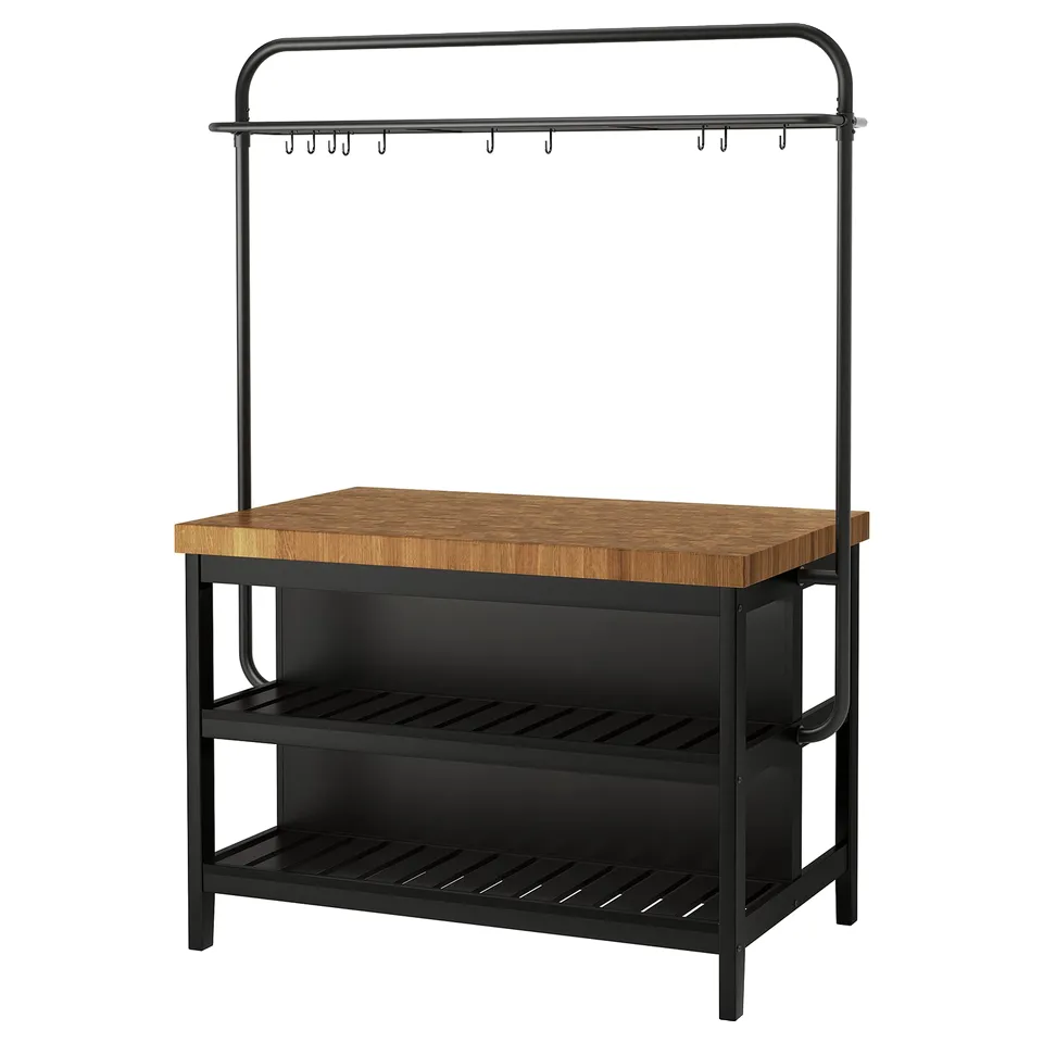 VADHOLMA black kitchen island with oak top, hooks, and open shelves.