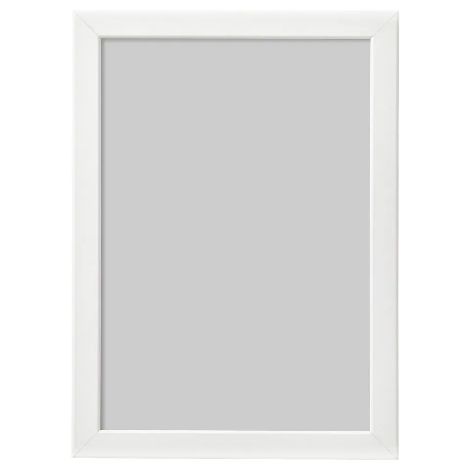 Empty white rectangular picture frame, simple design, made of fiberboard.