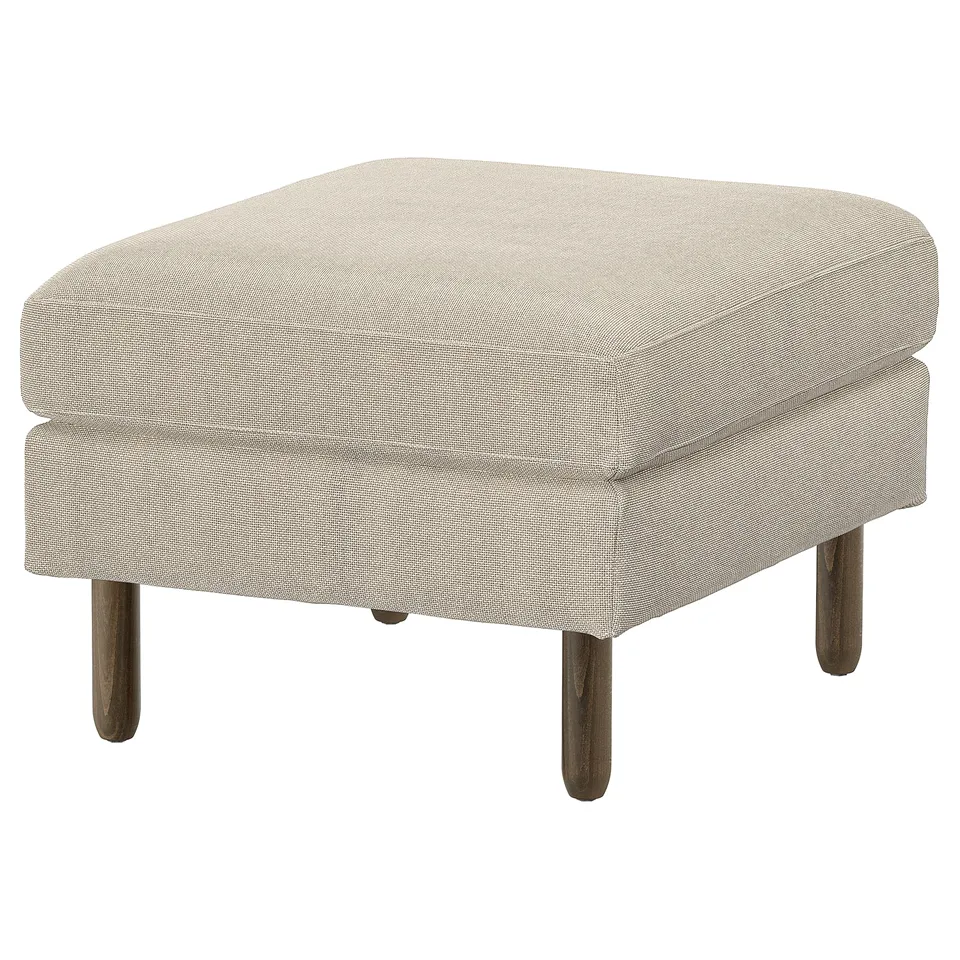 A beige SALTSJÖBADEN footstool with a square shape and wooden legs. It has a clean, modern design.