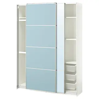 PAX / MEHAMN/AULI wardrobe with sliding doors, white double sided/light blue mirror glass, 150x43x201 cm