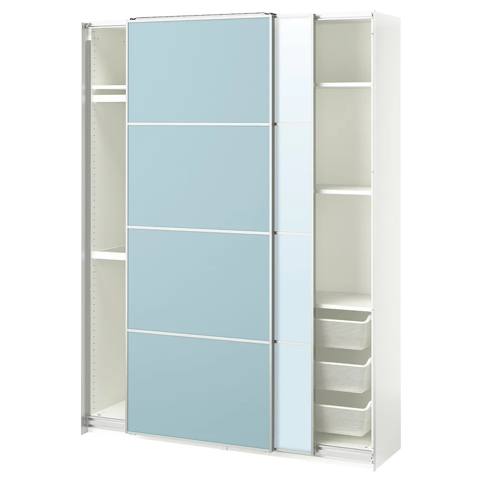 White PAX wardrobe with blue glass doors, sliding design, glass and metal materials.