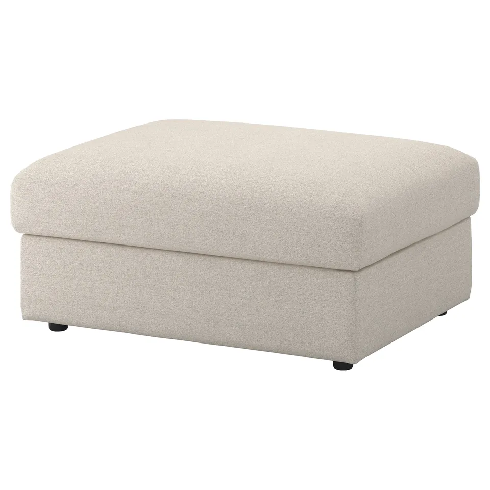 VIMLE beige ottoman with storage, rectangular shape, cloth cover, four feet.