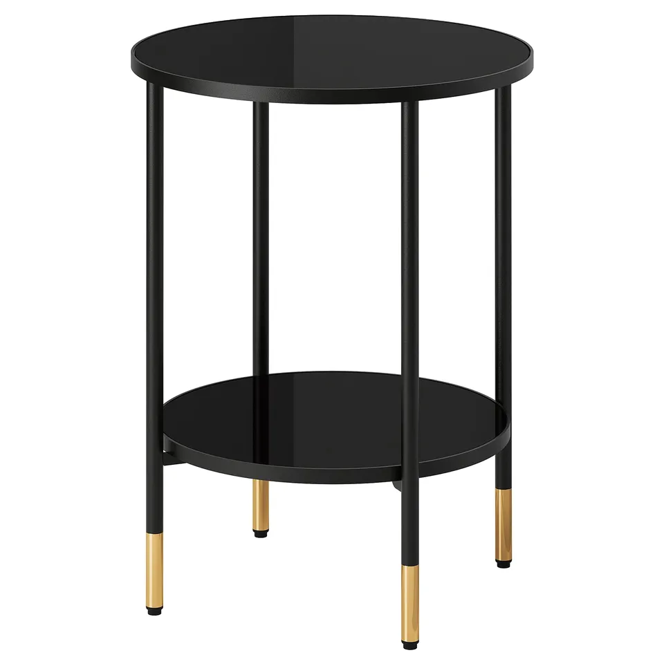 Elegant black ÄSPERÖD side table with smoky glass top, golden accents, and four legs for modern decor.